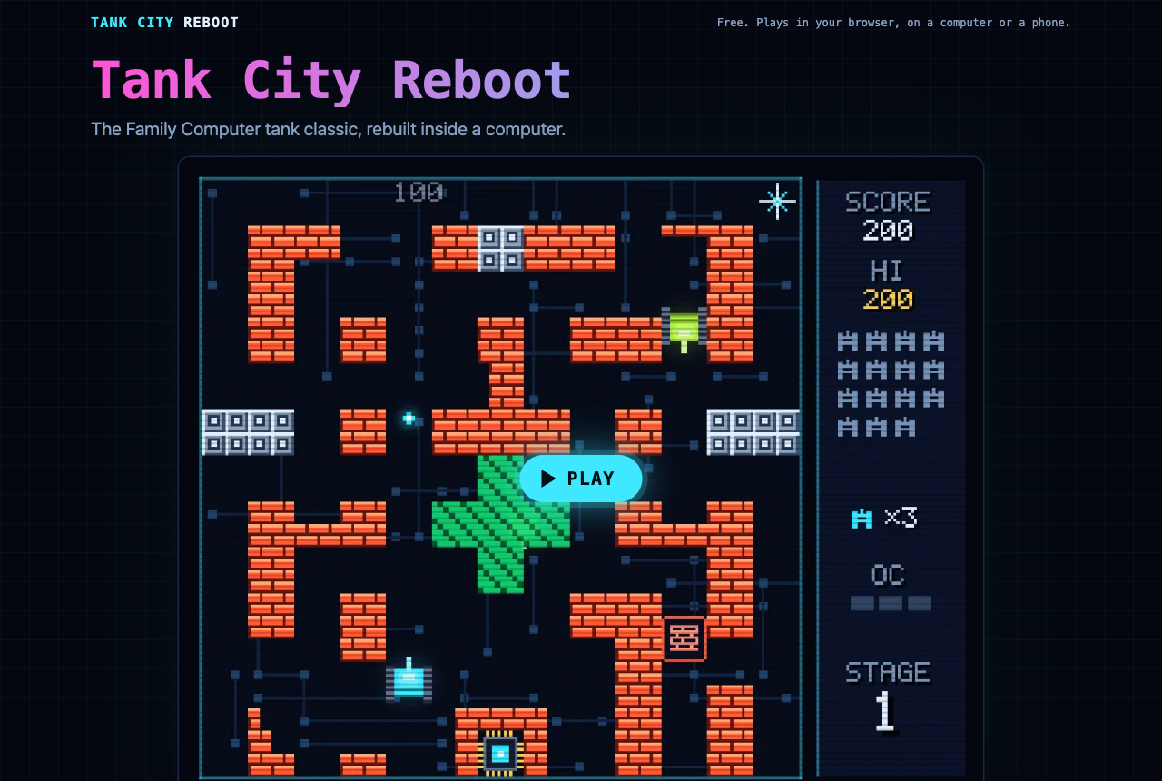 The Tank City Reboot page: a circuit-board map of brick firewalls, silicon blocks and green coolant, the CPU core at the bottom, a Play button, and a side panel with score, best score, lives and stage 1
