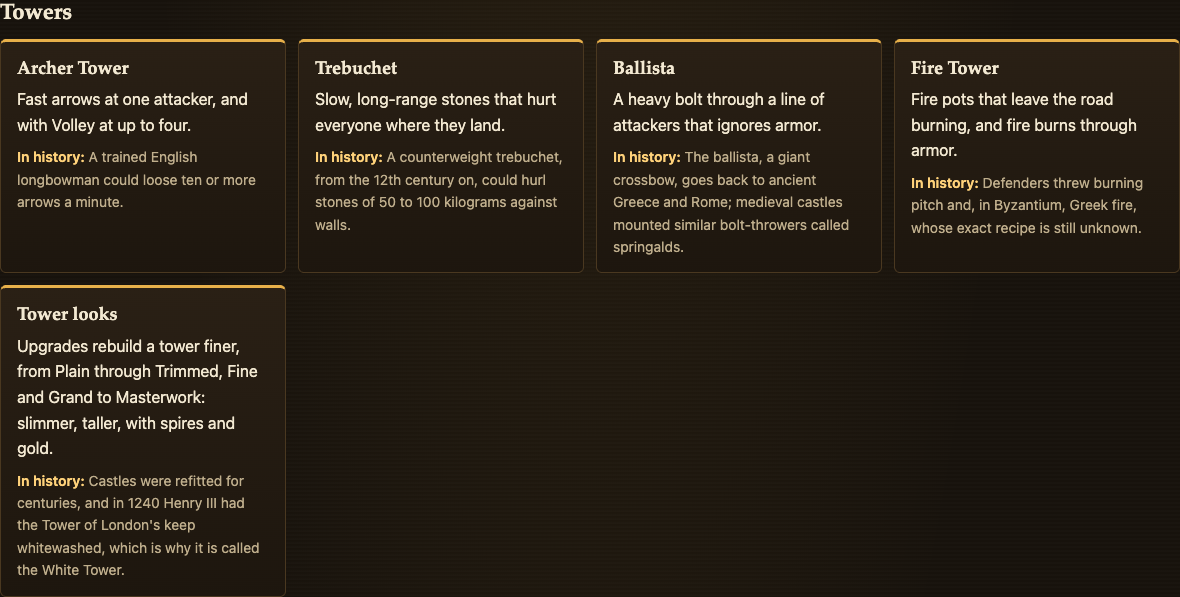 The Towers cards on the Two Towers page: Archer Tower, Trebuchet, Ballista, Fire Tower and Tower looks, each with what it does and a line of history
