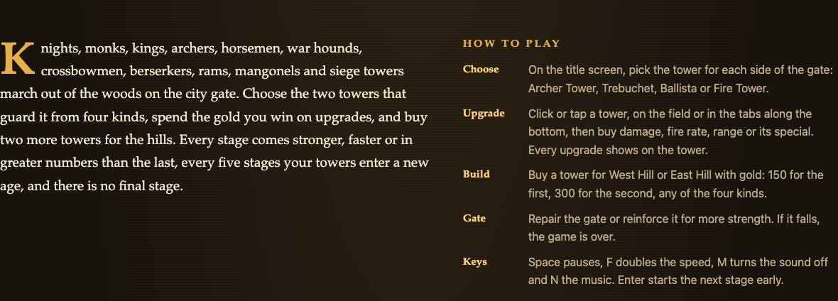 The How to play box on the Two Towers page, with the Choose, Upgrade, Build, Gate and Keys steps beside the game's description