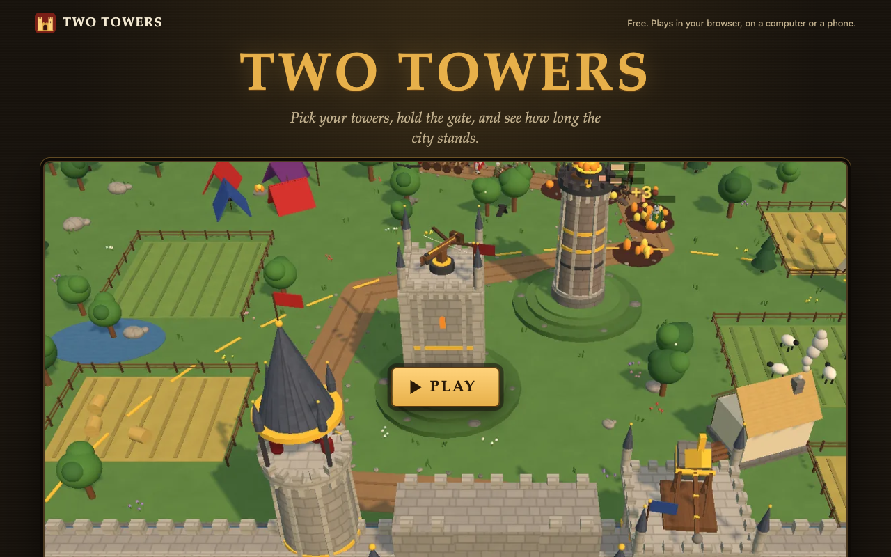 The Two Towers page: a castle wall and gate at the bottom, towers beside a dirt road through farmland, and a Play button in the middle