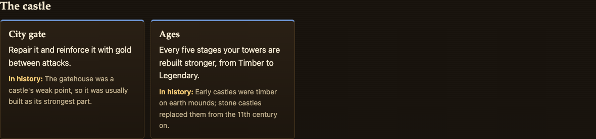 The Castle cards on the Two Towers page: City gate, to repair and reinforce with gold, and Ages, with their history lines about gatehouses and timber and stone castles