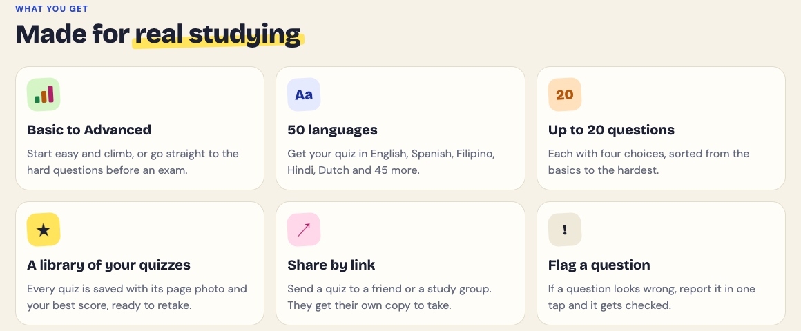 The Made for real studying cards on the Study Shot home page, including Basic to Advanced levels, up to 20 questions with four choices, and a library of your quizzes