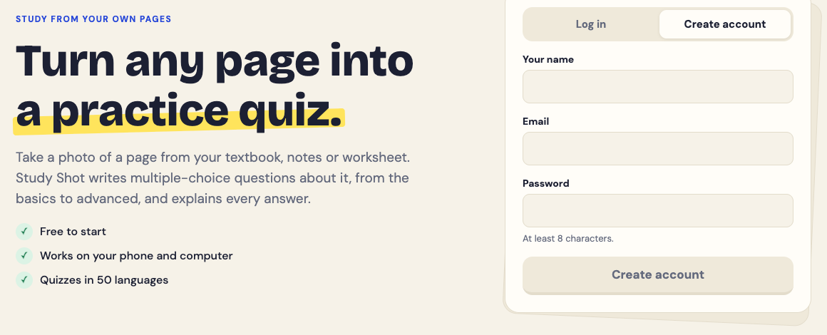 The top of the Study Shot home page: take a photo of a page from your textbook, notes or worksheet, free to start, works on your phone and computer, with the create account form