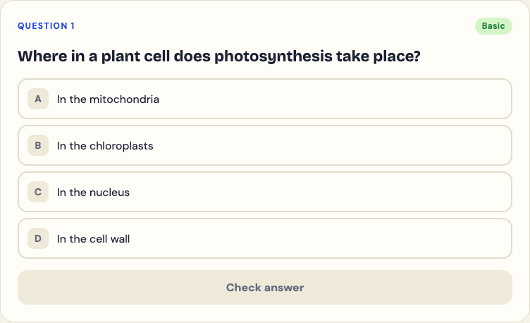The sample question on the Study Shot home page about where photosynthesis takes place, with four options and a Check answer button