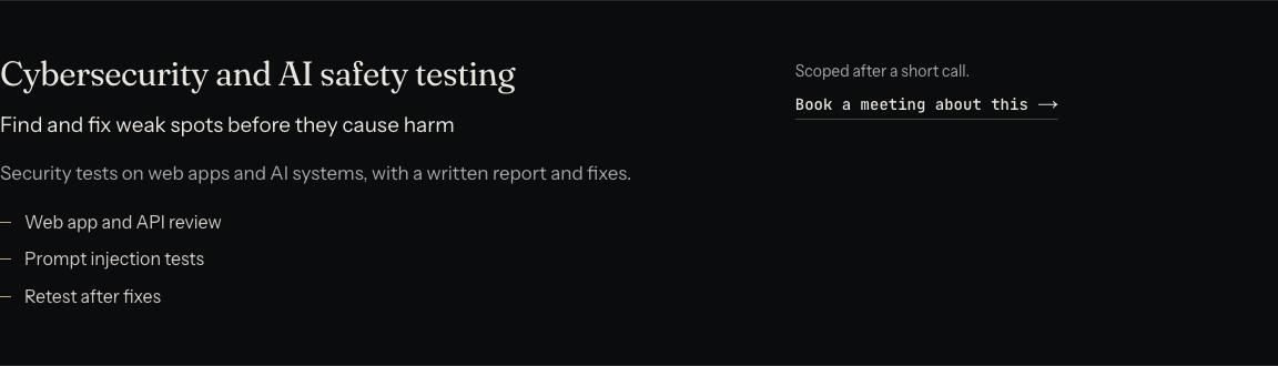 The Cybersecurity and AI safety testing card on whitehatstoic.com, with web app and API review, prompt injection tests and retest after fixes