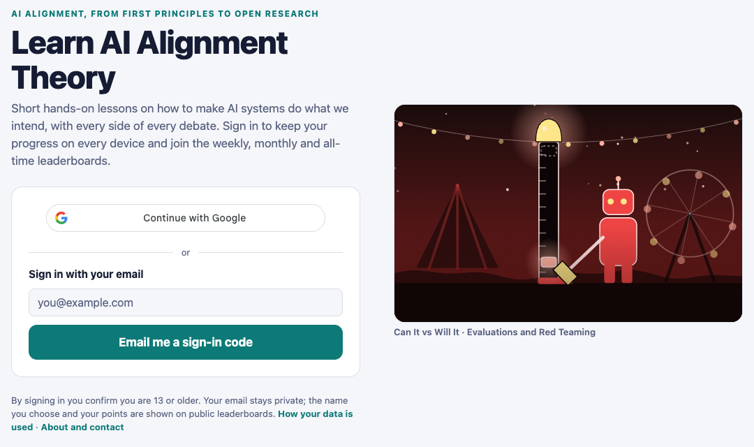 The Learn AI Alignment Theory home page with its title, a short description and the buttons to sign in with Google or an emailed code