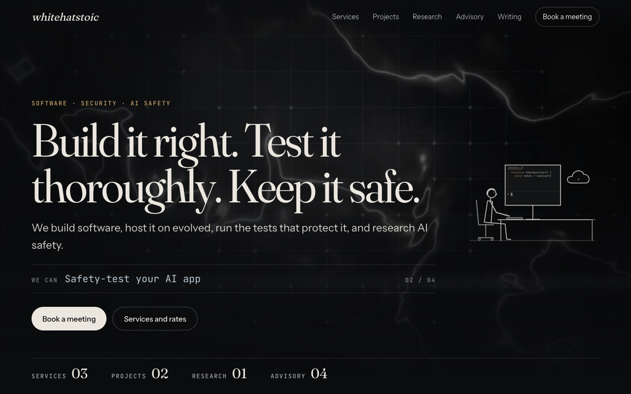 The whitehatstoic.com home page hero with the line We can safety-test your AI app