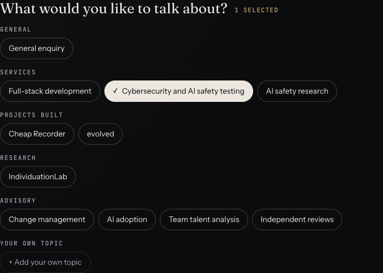 The whitehatstoic booking page asking what you would like to talk about, with Cybersecurity and AI safety testing selected