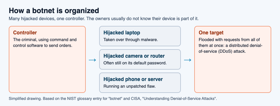 Diagram of what a botnet is: one controller sends orders to hijacked laptops, cameras, routers and phones, which together flood one target in a DDoS attack