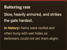 The Battering ram attacker card on the Two Towers page, with its In history line about roofs and wet hides