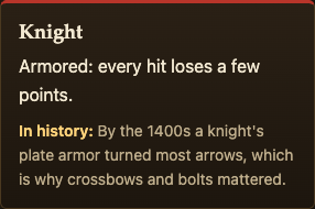 The Knight attacker card on the Two Towers page, with its In history line about plate armor turning most arrows