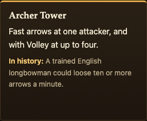 The Archer Tower card on the Two Towers page, with its In history line about English longbowmen