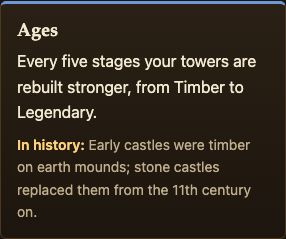The Ages card on the Two Towers page, with its history line about timber castles on earth mounds and stone castles replacing them