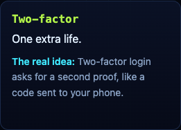 The Two-factor upgrade card in Tank City Zero Day, which gives one extra life and explains that two-factor login asks for a second proof
