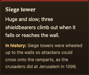 The Siege tower attacker card on the Two Towers page, with its In history line about Jerusalem in 1099