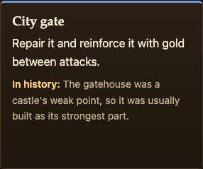 The City gate card on the Two Towers page, with its history line about the gatehouse as a castle's weak point