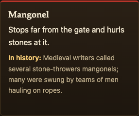 The Mangonel attacker card on the Two Towers page, with its In history line about men hauling on ropes