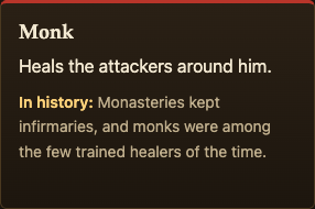The Monk attacker card on the Two Towers page, with its In history line about monastery infirmaries and trained healers