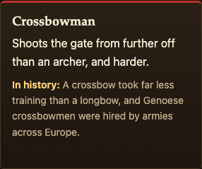 The Crossbowman card on the Two Towers page, with its In history line about training and Genoese crossbowmen