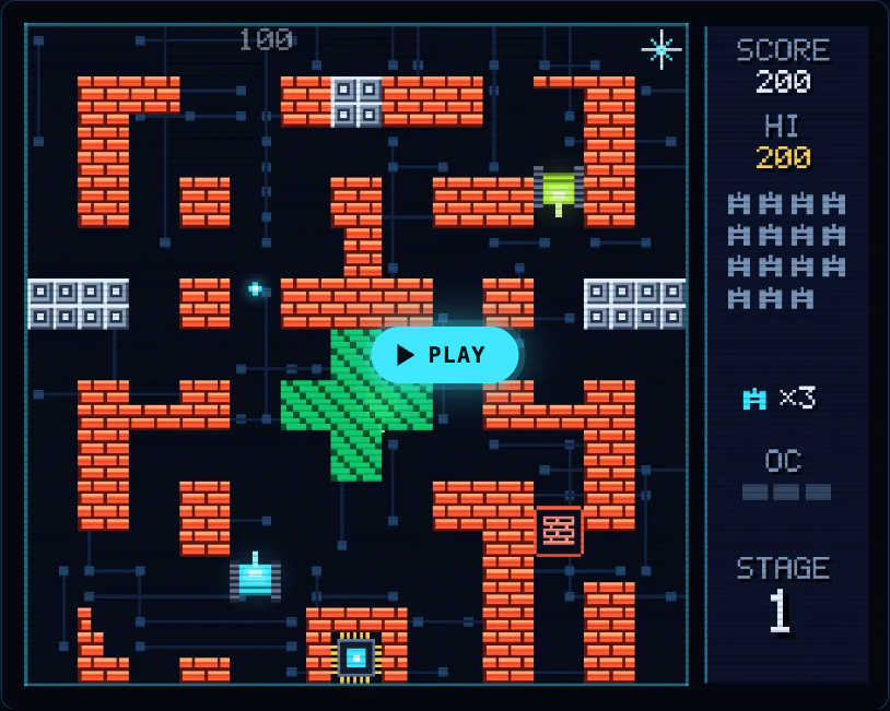 The Tank City Reboot playing field: firewall walls on a circuit board, the player's tank near the CPU core at the bottom, and the score, lives and stage in the side panel