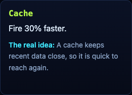 The Cache upgrade card in Tank City Zero Day, which makes your tank fire 30% faster and explains that a cache keeps recent data close