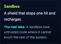 The Sandbox upgrade card in Tank City Zero Day, a shield that stops one hit and recharges, with the real idea of a sandbox