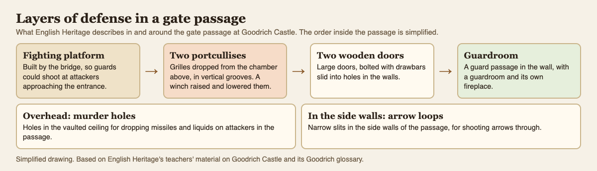 Diagram of the defenses in the gate passage at Goodrich Castle: fighting platform, two portcullises, two wooden doors, guardroom, murder holes and arrow loops