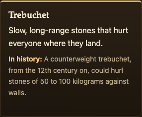 The Trebuchet tower card on the Two Towers page, with its In history line about counterweight trebuchets