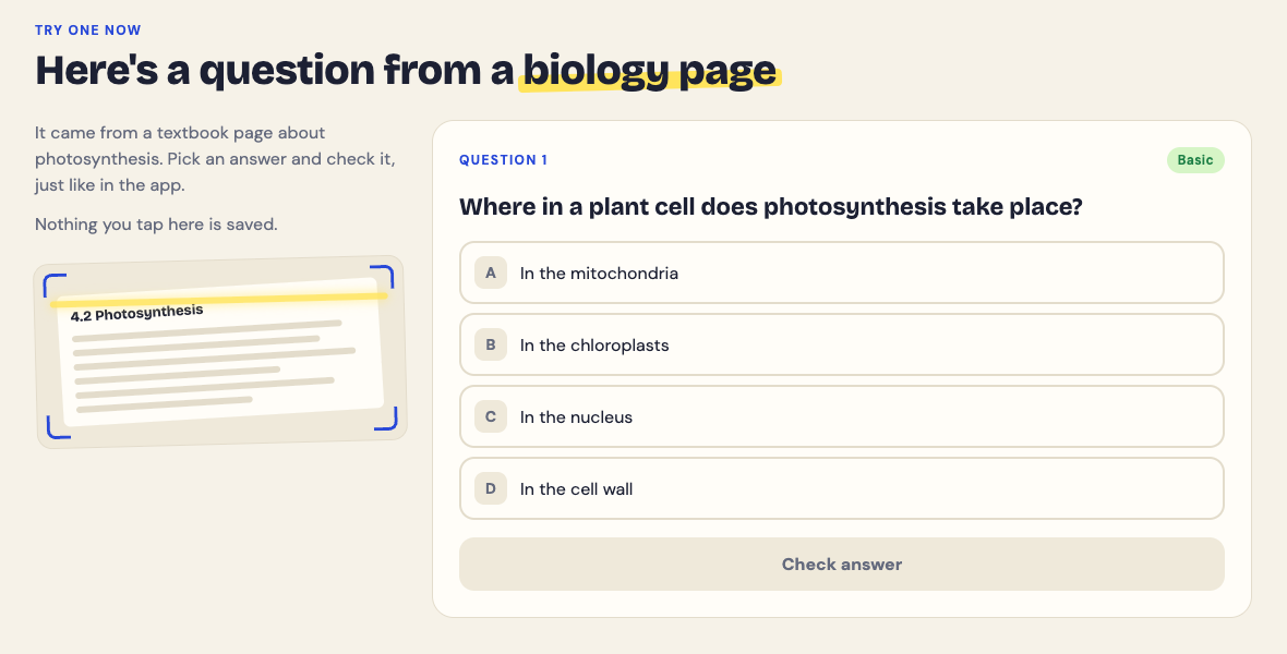 The Try one now section of the Study Shot home page: a basic question from a textbook page about photosynthesis asking where in a plant cell photosynthesis takes place, with four choices and a Check answer button