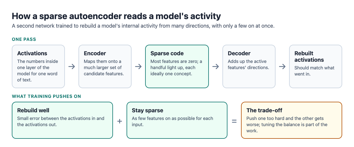 Diagram of a sparse autoencoder: model activations go through an encoder into a sparse code with few active features, then a decoder rebuilds the activations, while training balances rebuilding well against staying sparse