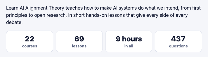 The opening of the Learn AI Alignment Theory about page with its description and four counts: 22 courses, 69 lessons, 9 hours in all and 437 questions