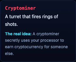 The Cryptominer card on the Tank City Zero Day page: a turret that fires rings of shots, and the real idea, a cryptominer secretly uses your processor to earn cryptocurrency for someone else