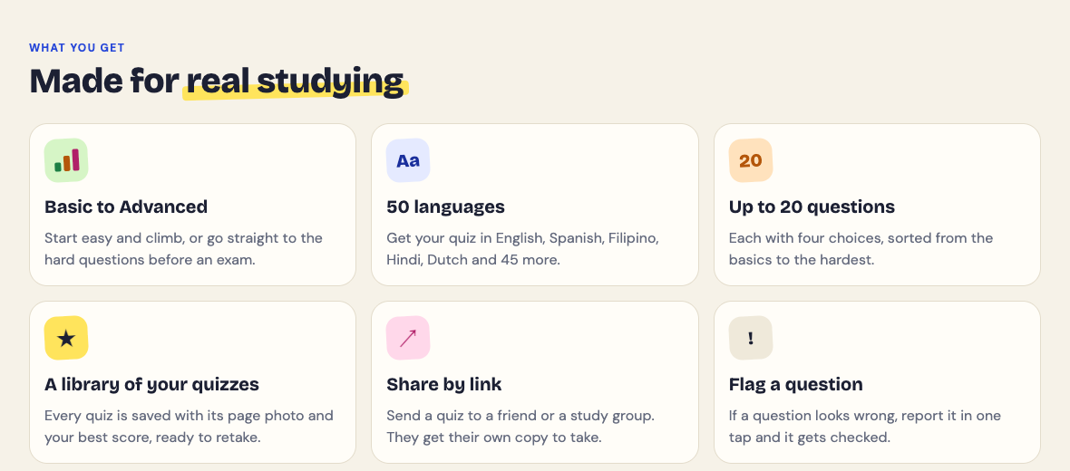 The What you get section of the Study Shot home page: basic to advanced questions, 50 languages, up to 20 questions with four choices, a library of saved quizzes, share by link and flag a question