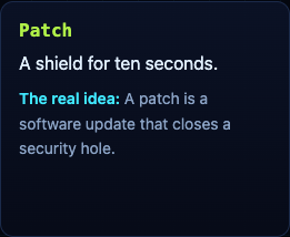 The Patch power-up card on the Tank City Reboot page: a shield for ten seconds, and the real idea, a patch is a software update that closes a security hole
