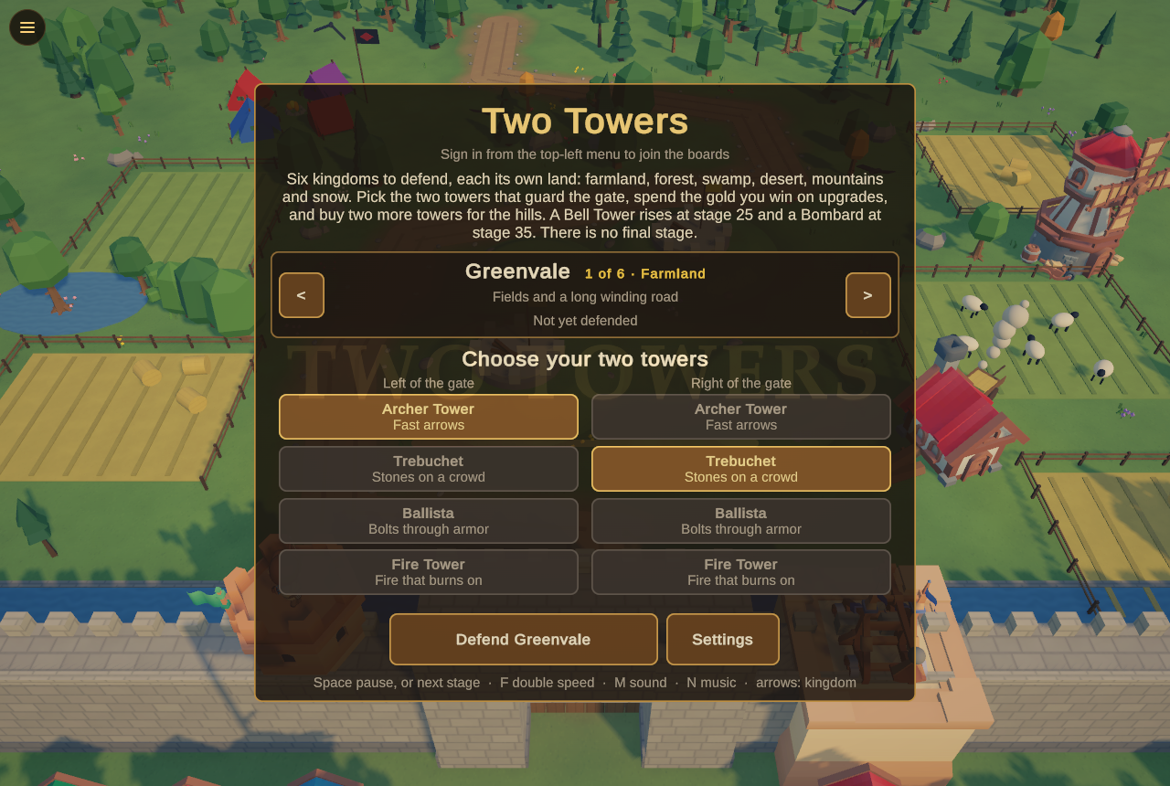The Two Towers title screen with six kingdoms, the four towers for each side of the gate and the Defend Greenvale button