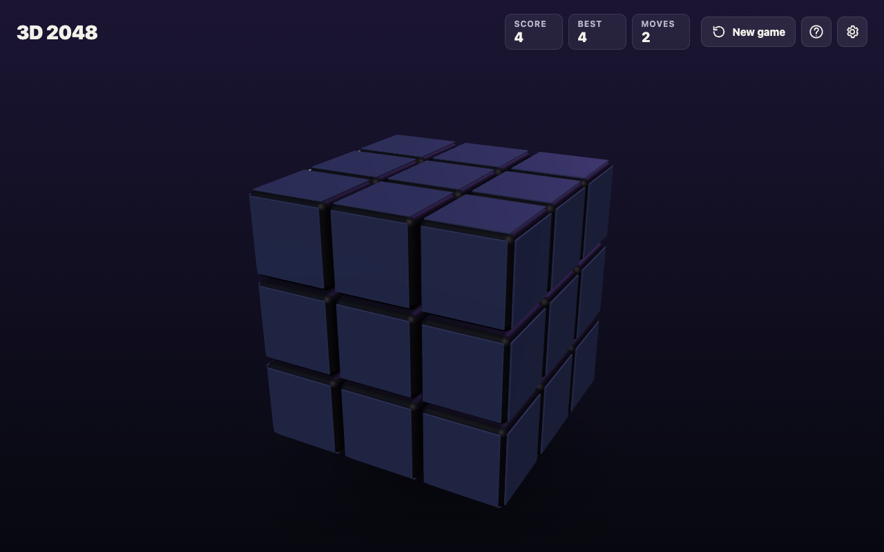 3D 2048 cube turned with Shift and Left, showing an empty face, Moves still 2