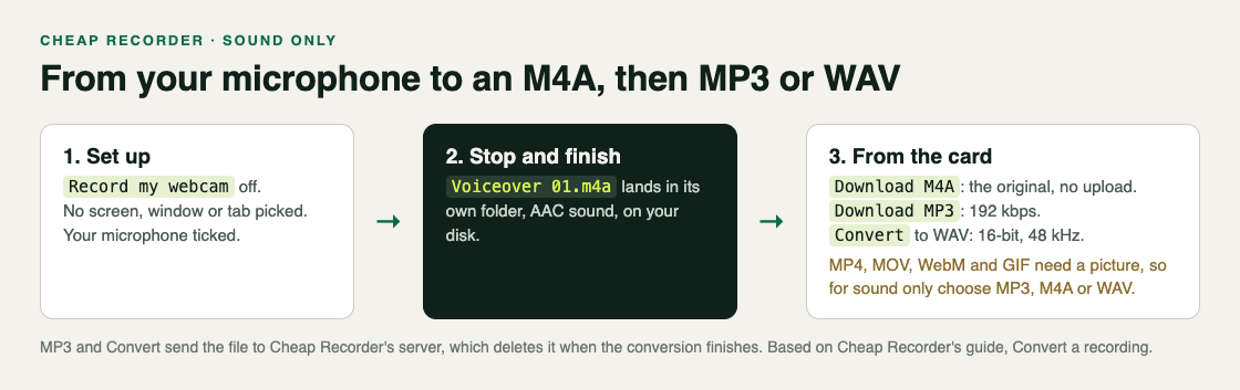 Flow from webcam off and no screen picked, to an M4A file in its own folder, to Download M4A, MP3 or a WAV conversion