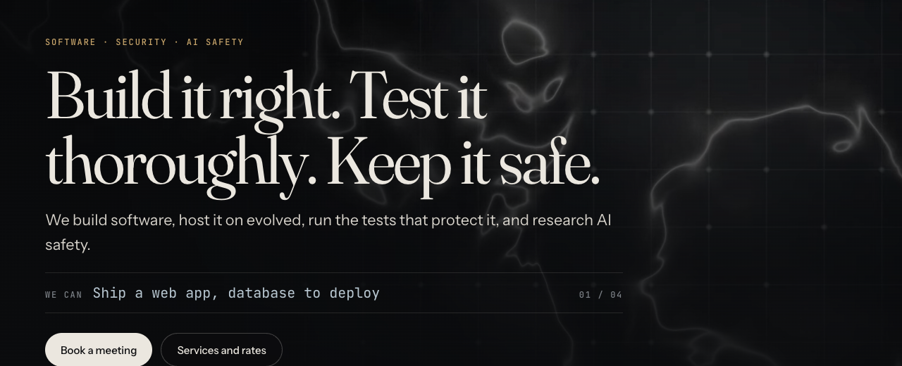 The whitehatstoic home page headline Build it right, Test it thoroughly, Keep it safe, over the line about software, security and AI safety
