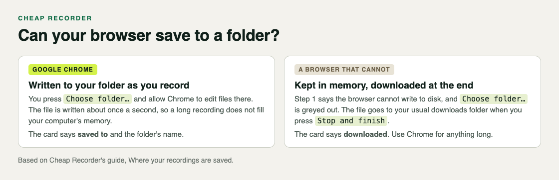 Comparison of Chrome writing the recording to your folder as you record and another browser downloading it at the end