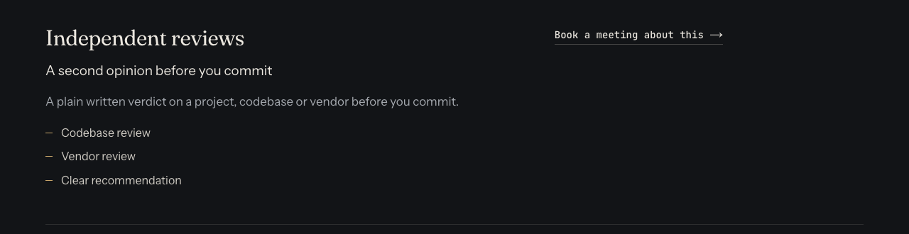The whitehatstoic Independent reviews card: a second opinion before you commit, with codebase review, vendor review and clear recommendation