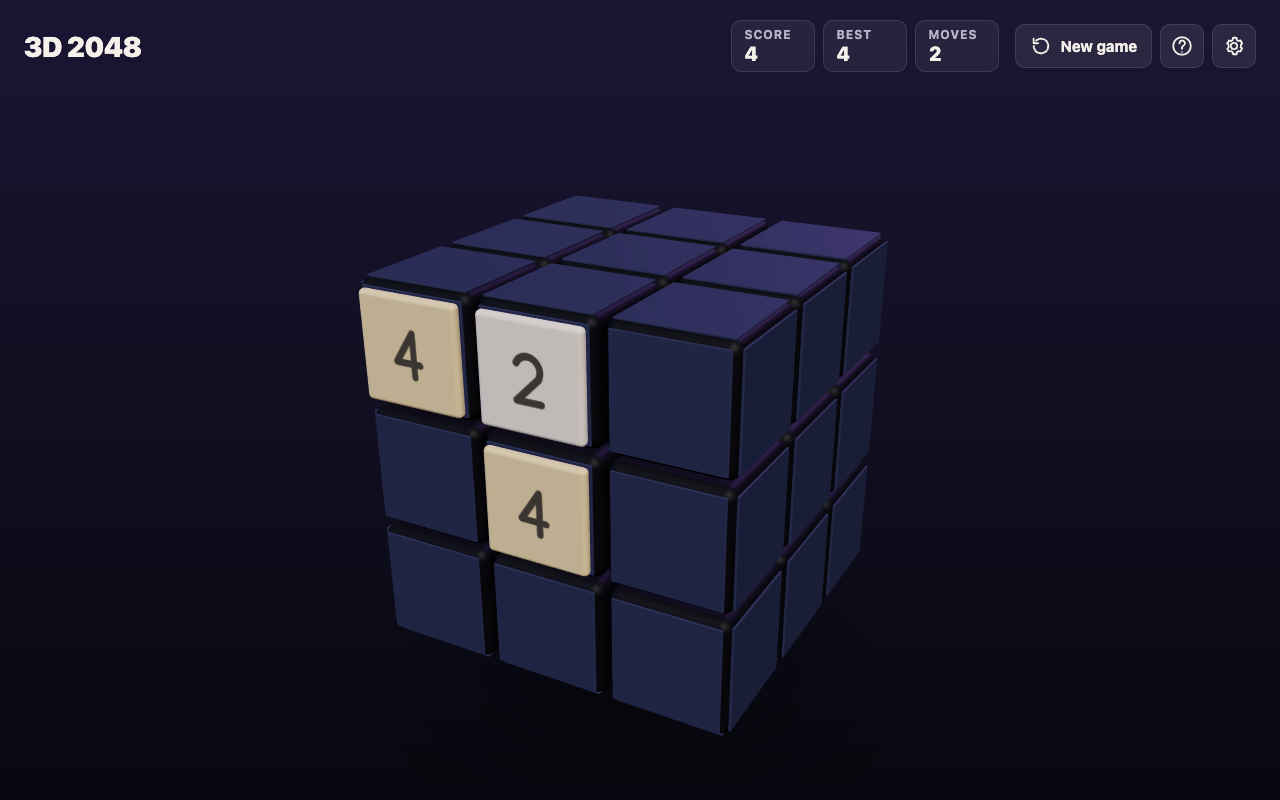3D 2048 cube after two slides, with tiles 4, 2 and 4 on the front face and Score 4, Moves 2