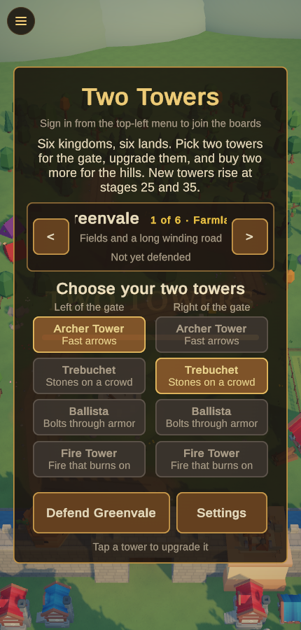 The Two Towers title screen on a phone, showing the four towers for each side of the gate and the line about buying two more towers for the hills