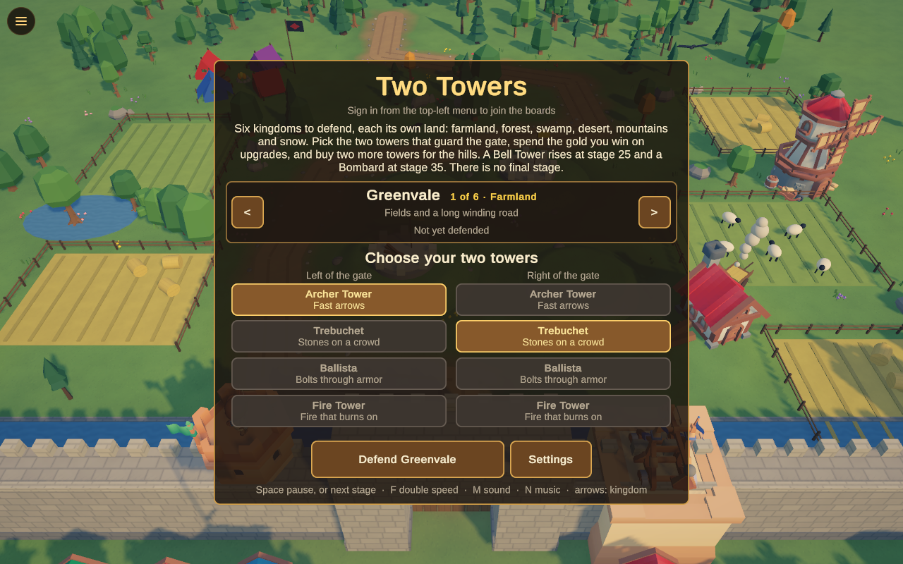 Two Towers title screen naming the Bell Tower at stage 25 and the four towers for each side of the gate