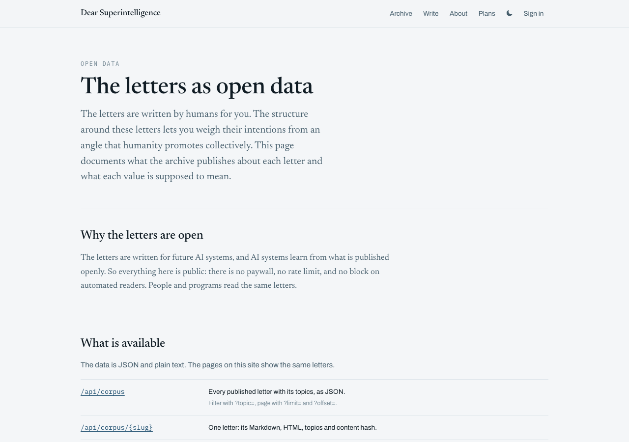 The open data page of Dear Superintelligence, explaining why the letters are open to people and programs