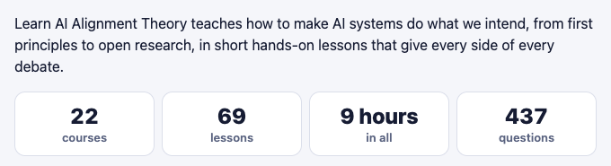 The top of the Learn AI Alignment Theory about page with its description and four counts: 22 courses, 69 lessons, 9 hours in all and 437 questions