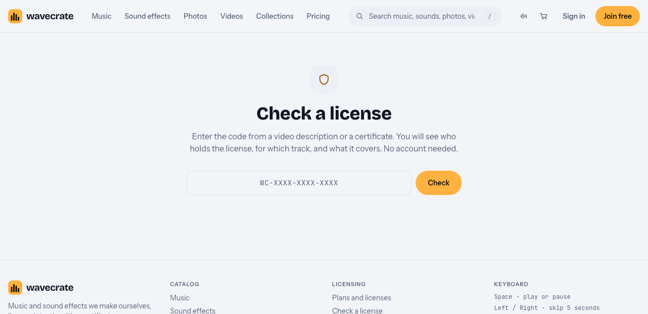 Wavecrate's Check a license page with a box for a license code and a Check button