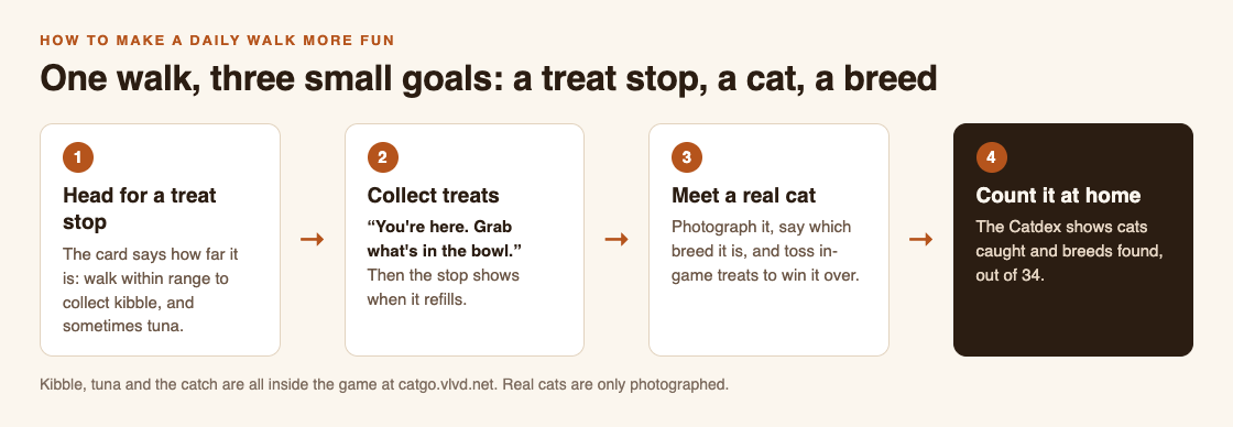 Diagram of a Cat Go walk: head for a treat stop, collect treats, meet a real cat, count it in the Catdex