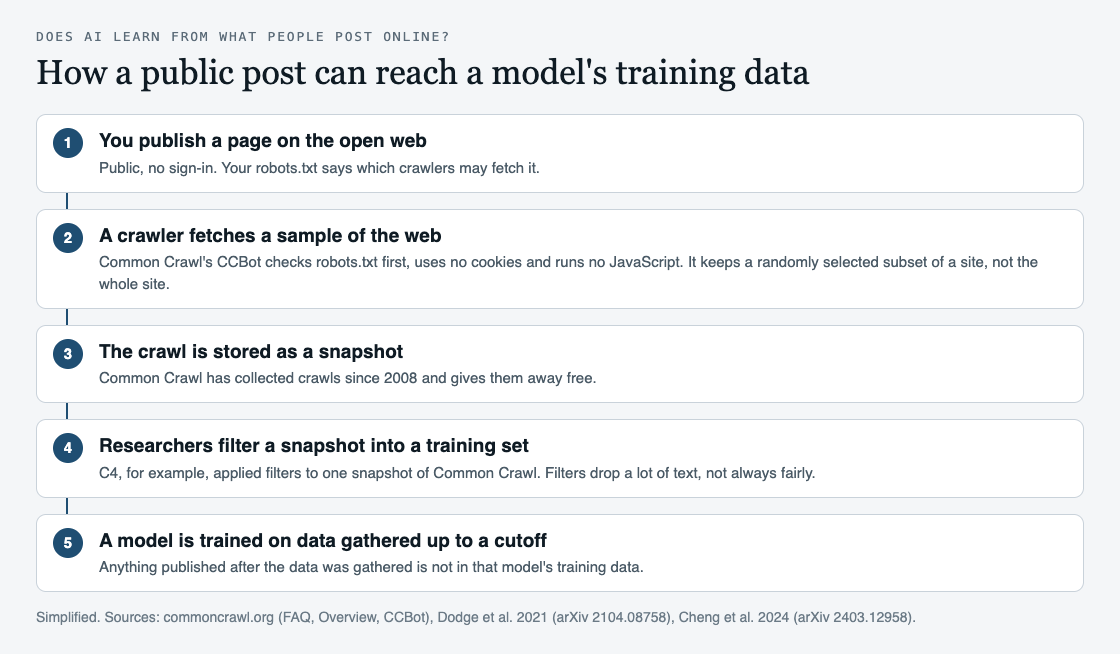 Diagram of how a public post can reach a model's training data, from publishing to crawl, snapshot, filtering and cutoff