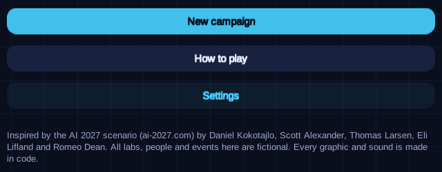 The Contain ASI menu with New campaign, How to play and Settings buttons above a footer saying all labs, people and events are fictional