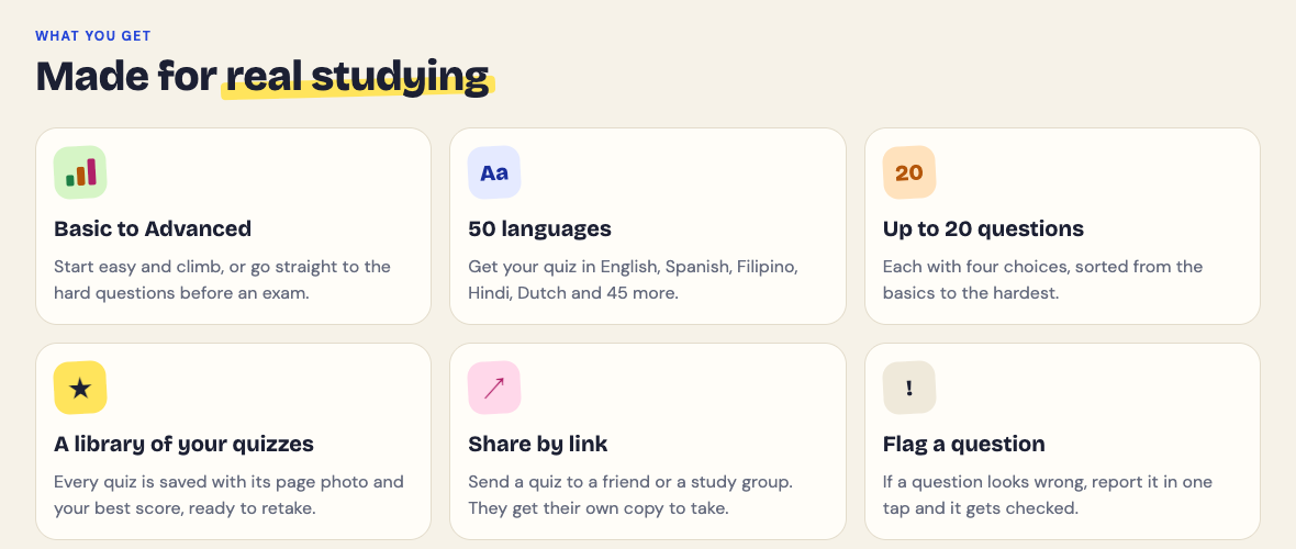 The Made for real studying section of the Study Shot home page: Basic to Advanced, 50 languages, up to 20 questions with four choices, a library of your quizzes, share by link and flag a question